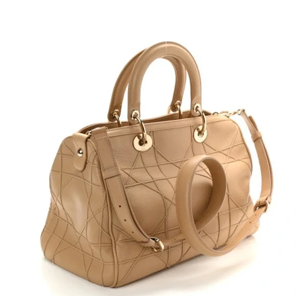 CHRISTIAN DIOR Beige Cannage Quilted Lambskin Leather Granville Polochon Bag - Picture 2 of 16